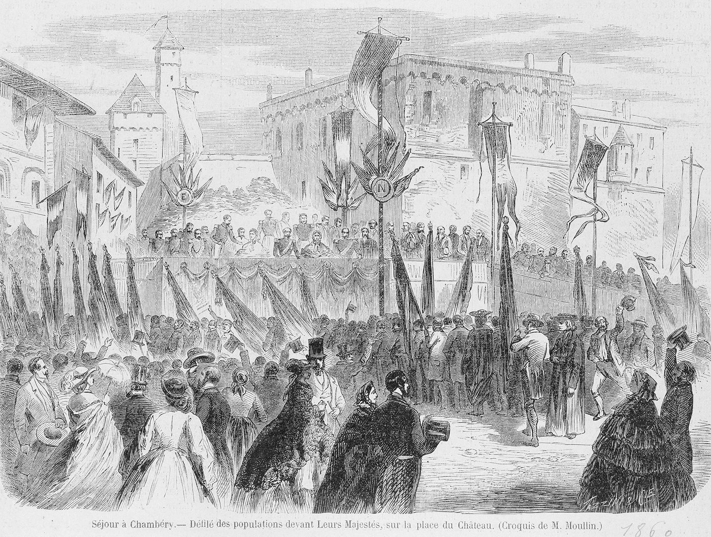<i>Défilé des populations devant Leurs Majestés, sur la place du Château</i>