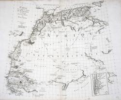 Sur le quadrillage scientifique des latitudes et des longitudes, cette carte dresse l’état des connaissances topographiques sur l’Afrique du Nord et de l’Ouest en 1791. 