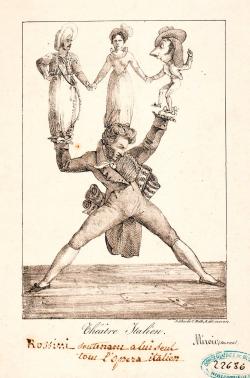 La gravure humoristique de Delacroix fait partie d’un ensemble paru dans le Miroir des spectacles, des lettres, des mœurs et des arts du 13 août 1821, alors que le peintre, passionné de musique, travailla ponctuellement sur des caricatures pour des raisons financières. 