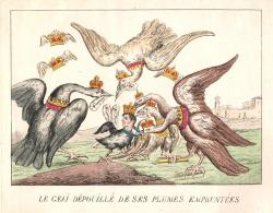 Cette caricature s’inspire d’une fable de La Fontaine, « Le geai paré des plumes du paon », l’oiseau prétentieux ayant la tête de Napoléon.