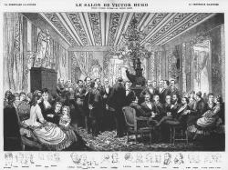 gravure parue dans la Chronique illustrée du 18 octobre 1875 représentant Victor Hugo dans son salon du 21 rue de Clichy entouré d'un grand nombre d'écrivains et d'hommes politiques en vue.