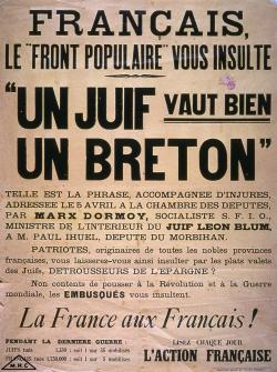 Cette affiche se structure autour d’une réplique de Marx Dormoy à un député de droite, Paul Ihuel, les origines religieuses de Léon Blum ayant une fois de plus fait l’objet d’une attaque de la part de l’opposition.