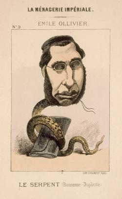 Enfin, la « bassesse » et la « duplicité » sont l’apanage d’Émile Ollivier dont la grosse tête aux yeux myopes et à la langue bifide surmonte un corps de serpent. 