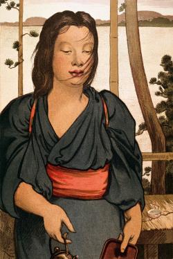 Régamey choisit de peindre une jeune fille, dont la fonction est suggérée par la coupelle posée sur le banc derrière elle