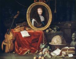un portrait de Louis XIV en médaillon entouré d’une basse et d’un dessus de viole, d’un violon, d’une guitare, d’une musette de cour, d’une partition, d’instruments scientifiques