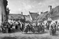 rassemblés en grand nombre, Bretons et Bretonnes en costume traditionnel s’adonnent à des danses et à des réjouissances dans le village