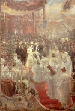 Alfred Roll, peintre naturaliste un temps proche de Zola, a logiquement placé le tsar Nicolas II, la tsarine Alexandra Fedorovna et le président de la République Faure, aisément reconnaissables, sur la forte diagonale qui traverse sa toile.