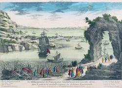 Vue resserrée des côtes guyanaises au moment du débarquement des Français en 1762 sur les bords de l'Orenoque dans le port de la Nouvelle Cayenne, actuellement situé au Vénézuela.