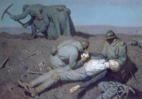 Aux Éparges, soldats enterrant leurs camarades au clair de lune. Avril 1915.